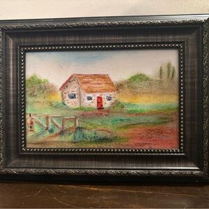 Original Rustic Cottage Framed Art 4x6 Oil Pastels on canvas board.